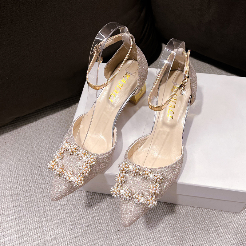 2025 Water diamond square buckle high heels for women spring pointed toe thick heels shallow mouth hollow single shoes for women