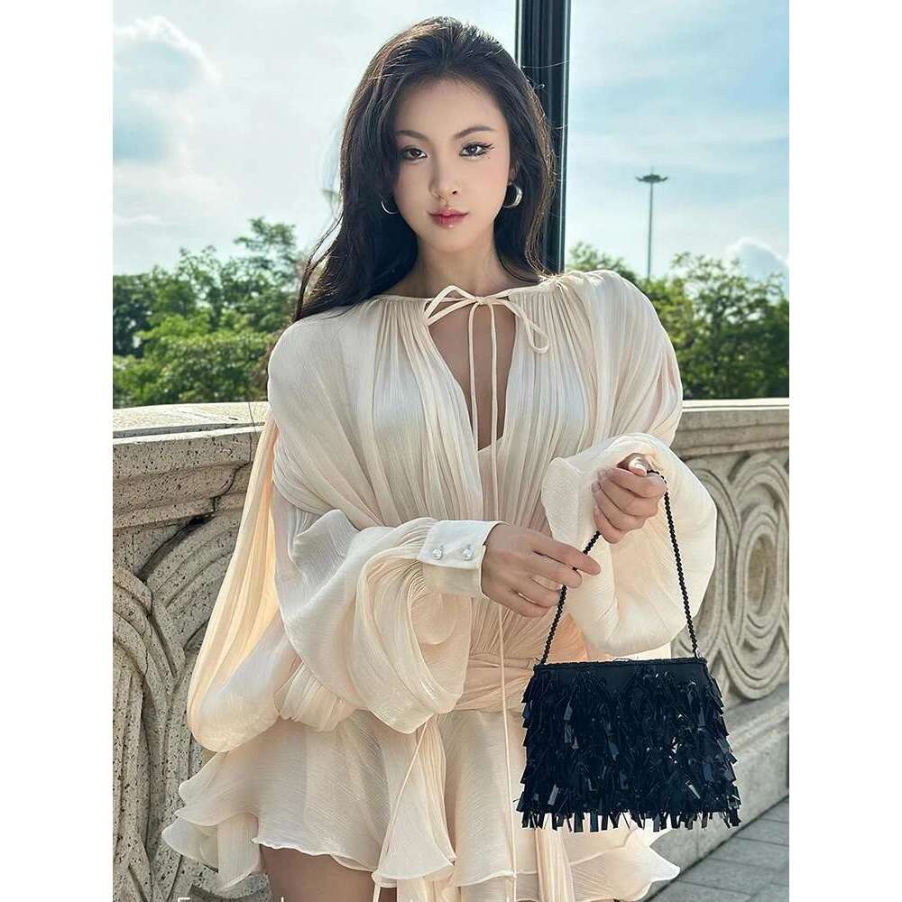 Hollow Out Spliced Lace Up Fashion Short Drees For Women O Neck Lantern Sleeve Minimalist Loose Ruffles Mini Dresses Female