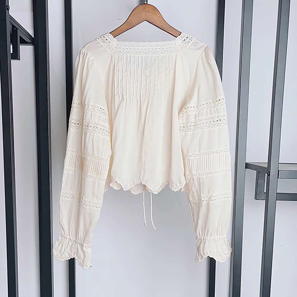 Cotton Women's Y2k Crochet Lace Patchwork Pleated Tie Square Neck Long Sleeve Shirt Blouse Top 2025 Summer New