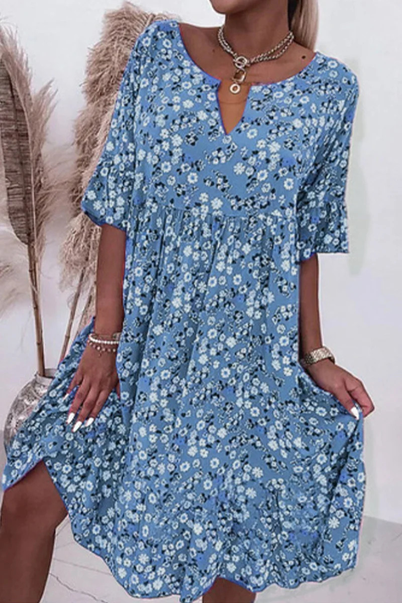 Womens Rustic Style Sweet Half Sleeve Dresses Pleated Splicing Large Hem Dressy Female Summer Flower Print V Neck Pullover Gown 250213