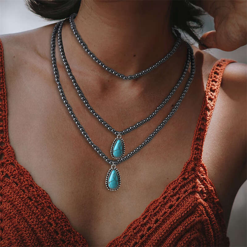 Bohemian ethnic style three-layer teardrop shaped turquoise black round bead necklace popular accessory