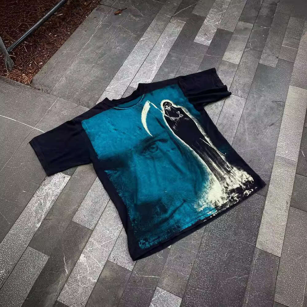 Round neck short sleeved loose T-shirt casual street style personalized wear printed pattern dark Gothic top