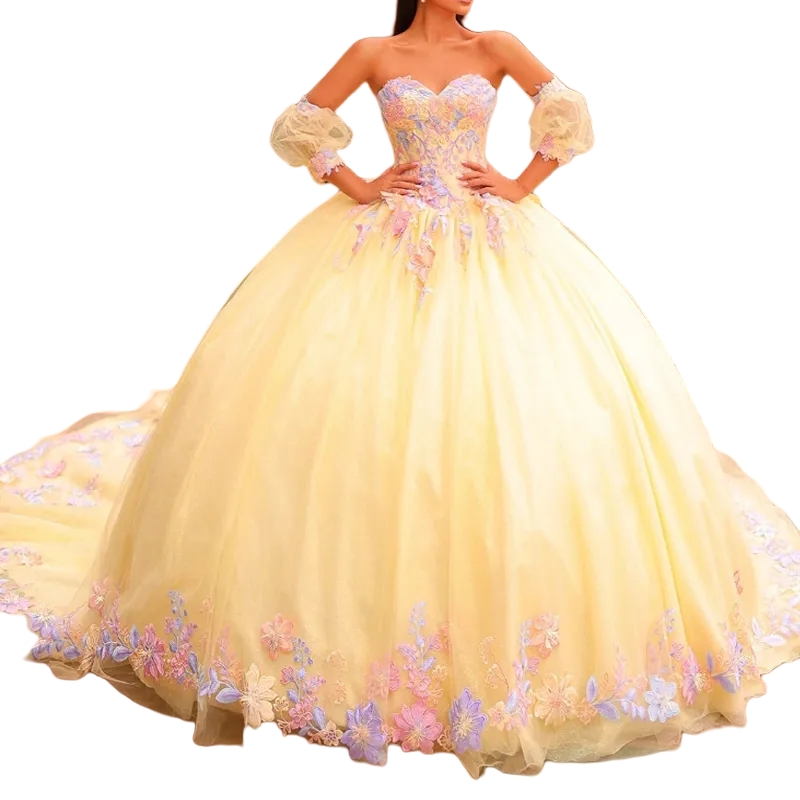 Light Yellow Tulle Princess Quinceanera Dresses With Colorful Flower Lace Appliques Sweetheart Corset Long Special Occasion Gown Detachable Sleeves Pr