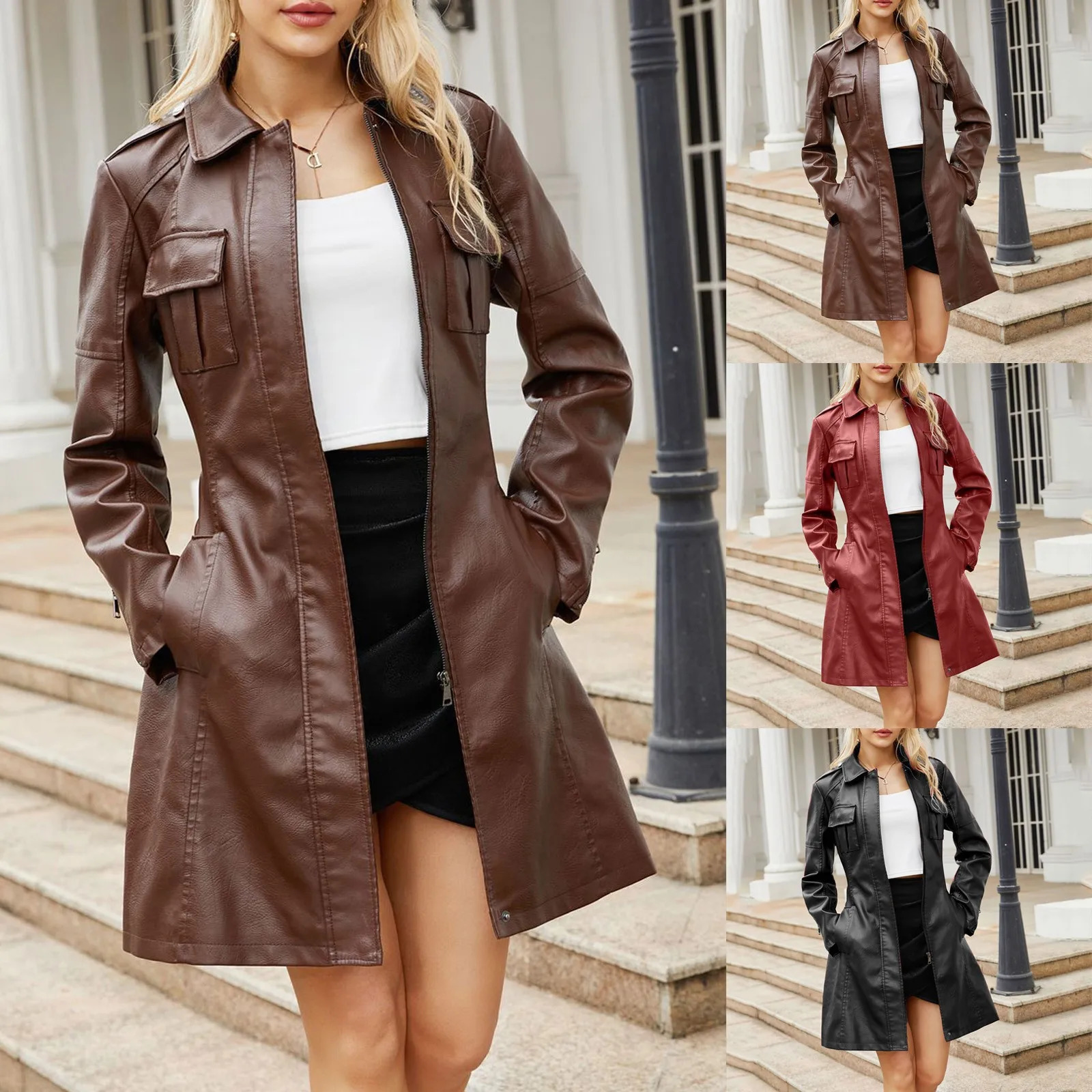 Womens Leather Jacket With Belt Long Sleeve Windbreaker British Coat Casual Business Jackets For Women Spring Autumn 250211