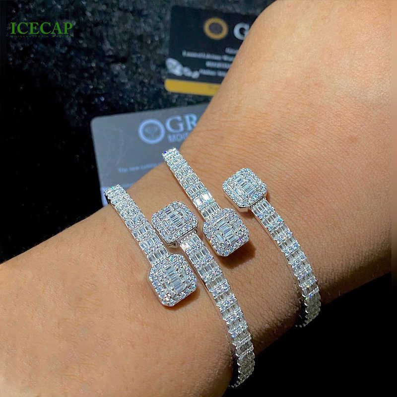 Hip Hop Jewelry 925 Sterling Silver Fashion Bangle Baguette cut Moissanite Diamond couple statement open bangle Bangle Bracelet