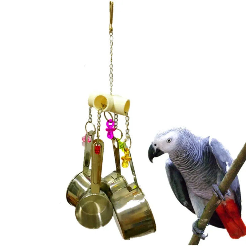 1pc Pet Bird Parrot Toy 4 Stainless Steel Pots String Bird Chewing Bite Toys Acrylic Cage Supplies Pets Bird Hanging Accessories 250206