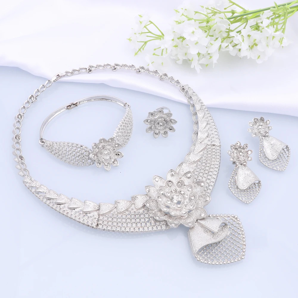 Silver Plated Jewelry Sets for Flower Shaped Women Necklace Earrings Bracelet Ring Women African Beads Indian Bridal Jewelry Set 250213