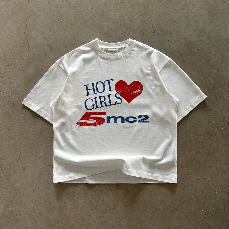 Y2K mens T shirt oversized loose American street style tops fashion printed pattern round neck Solid color cotton lovers pullover 250210