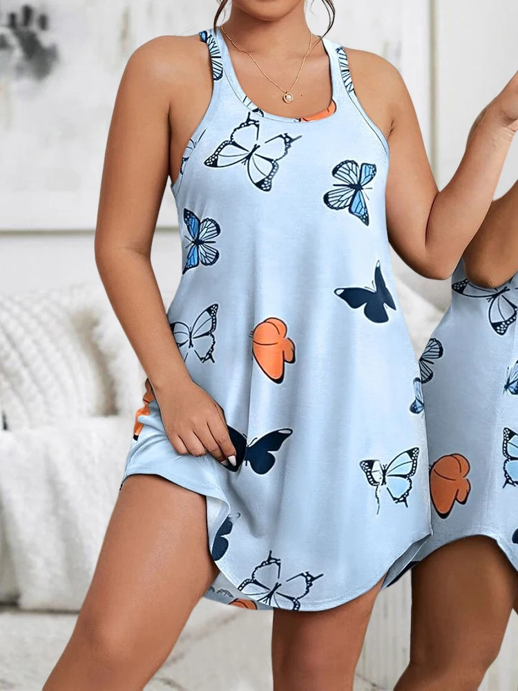 Plus Size Casual Nightdress Leopard Racer Back Tank Sleep Dress 250214