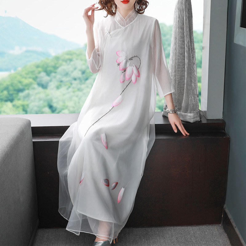 H176110 Women's Art Retro Chinese Style Dress Spring and Summer Improved Lotus Embroidery Dress 6815