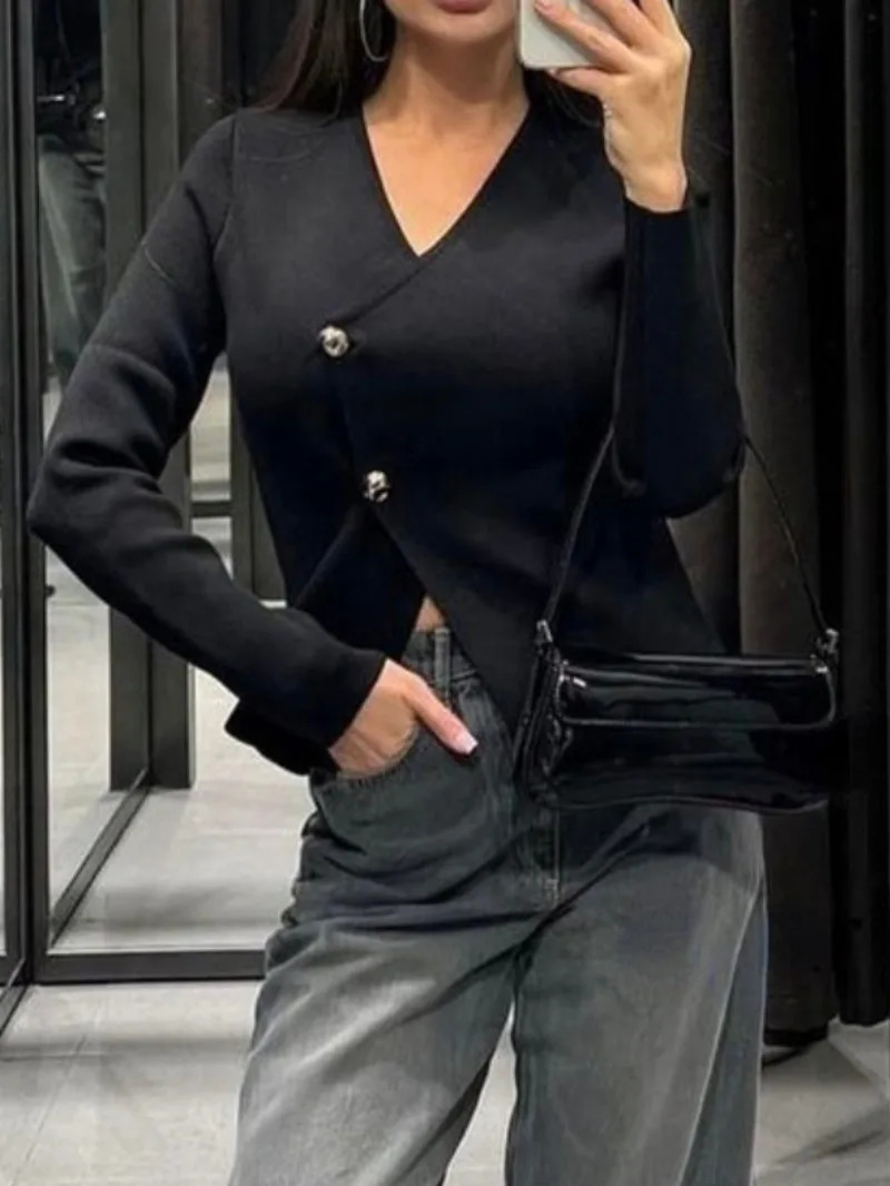 Autumn Balck Cardigans Sweater Tops Women Fashion Casual Vneck Asymmetric Knitted Jacket Female 250211