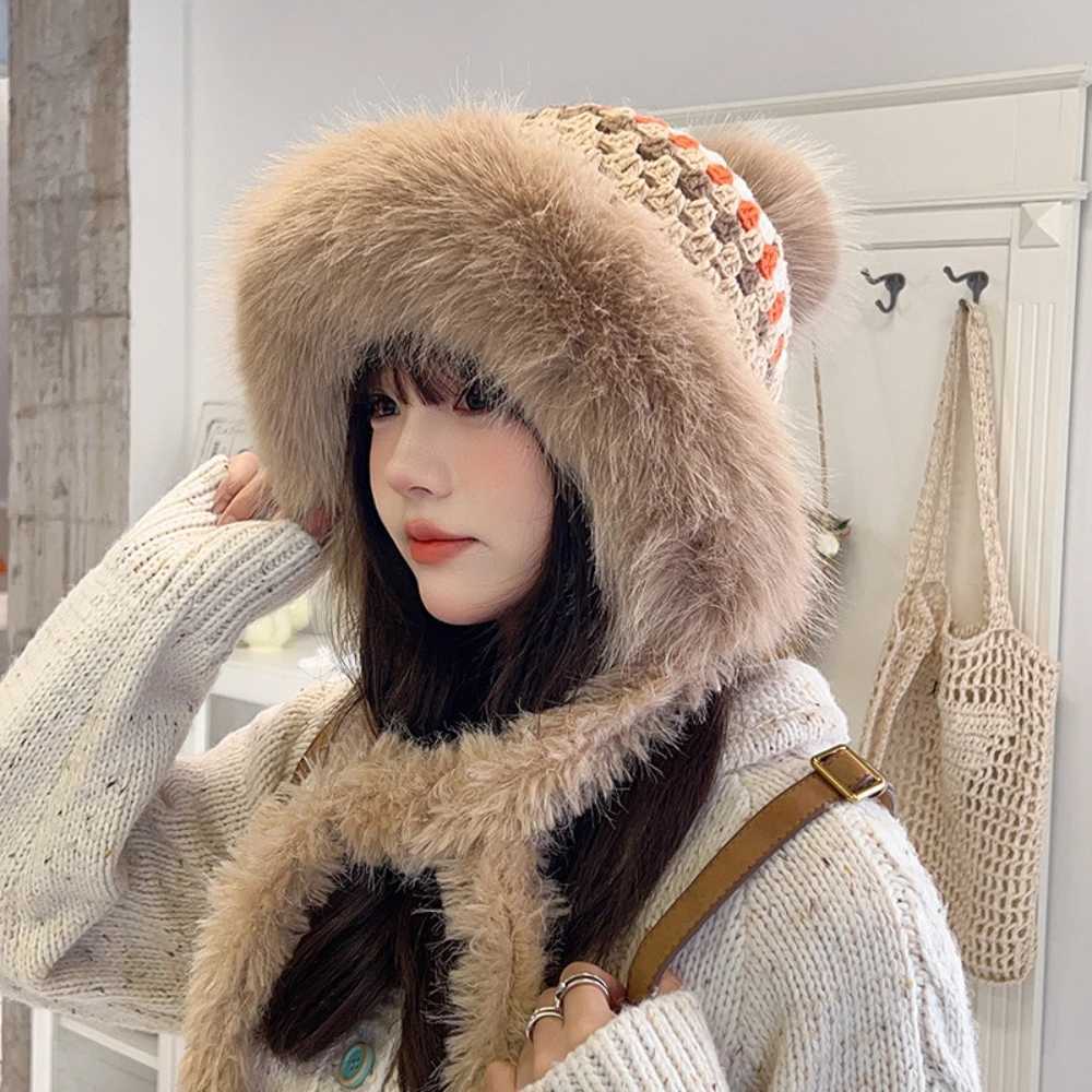 New Russian Hat Thick Warm Fluffy Fur Hat Womens Large Pom Beanie Womens Knitted Snow Ski Hat Ear Flaps Knitted Hat W250217