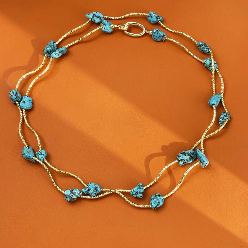 Natural raw ore turquoise shaped natural stone necklace, multi circle bracelet, sweater chain accessory