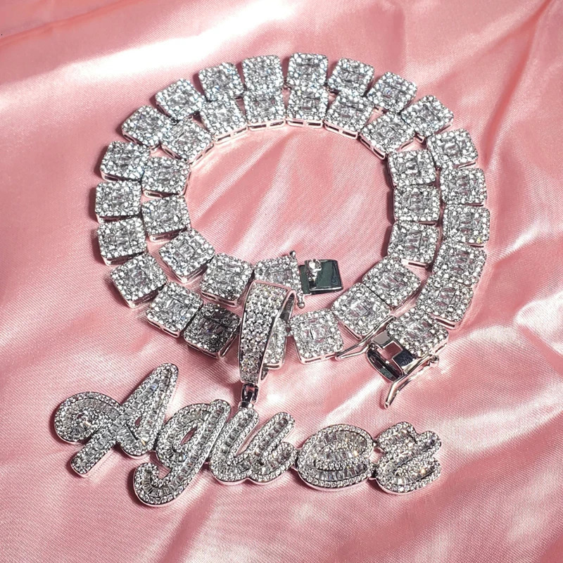 Custom Brush Cursive Iced Out Letter Name Pendant Word Necklace With Rhinestone Baguettes Chain Drop 250214