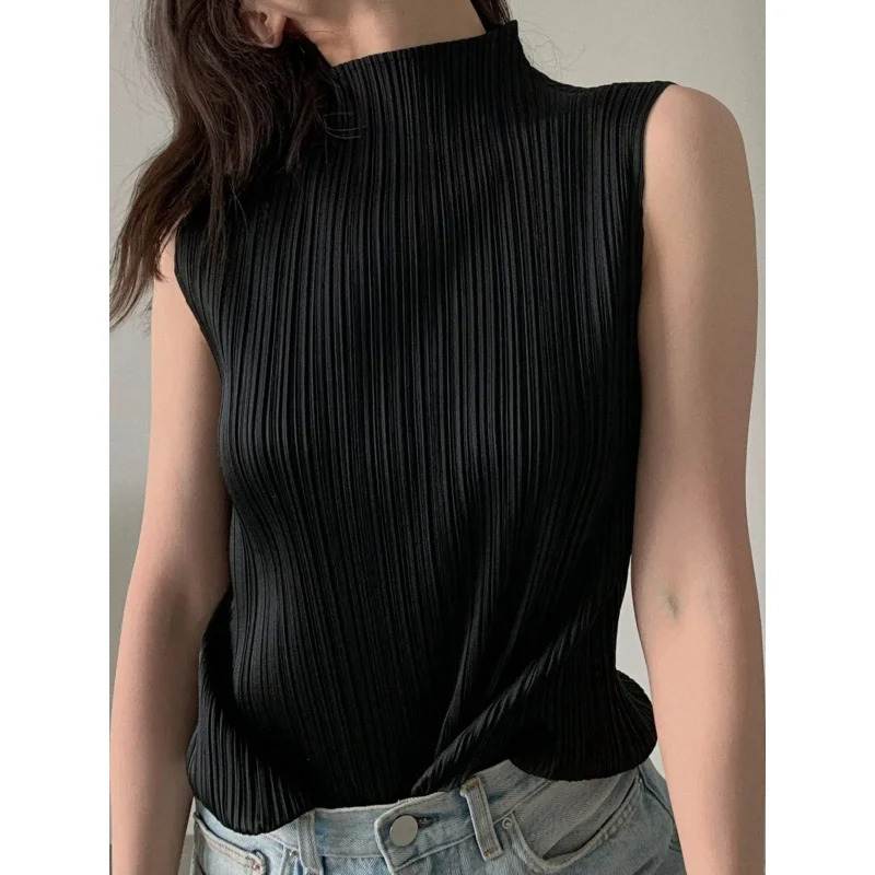 Miyake Pleated Elegant Fashion Temperament Solid Color Half High Neck Sleeveless Womens Vest Summer Breathable Top 250213