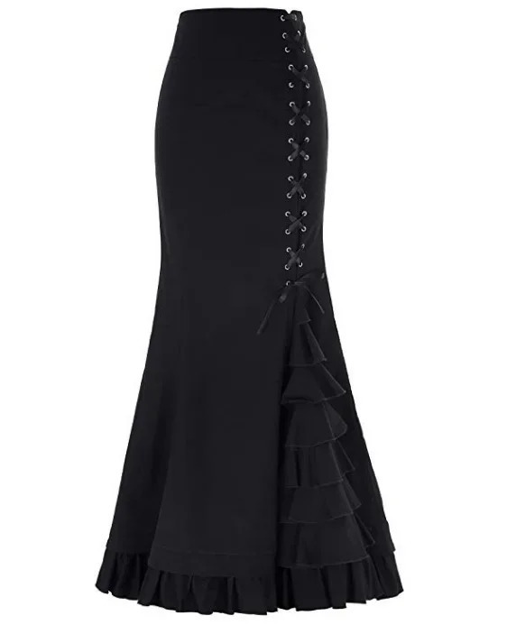 Womens Skirt Gothic Vintage Victorian Steampunk LaceUp Tiered Ruffled Fishtail Mermaid Long Dresses Medieval Costumes 250211