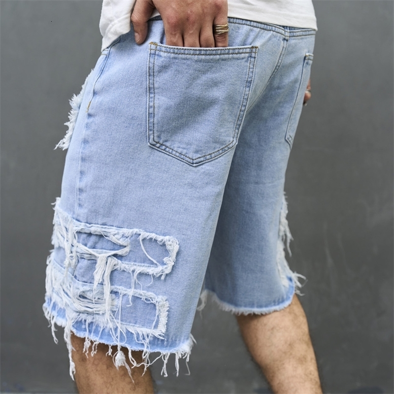 Summer Men High Street Ripped Patch Denim Shorts Stylish Solid Casual Male Straight Jeans w250113