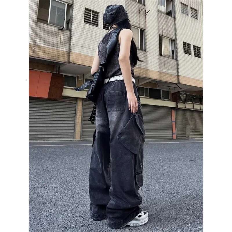 Black Womens Jeans High Waist Vintage Straight Baggy Pants Hip Hop 90S Y2k Design Sense Wide Leg Large Size Denim Trouser