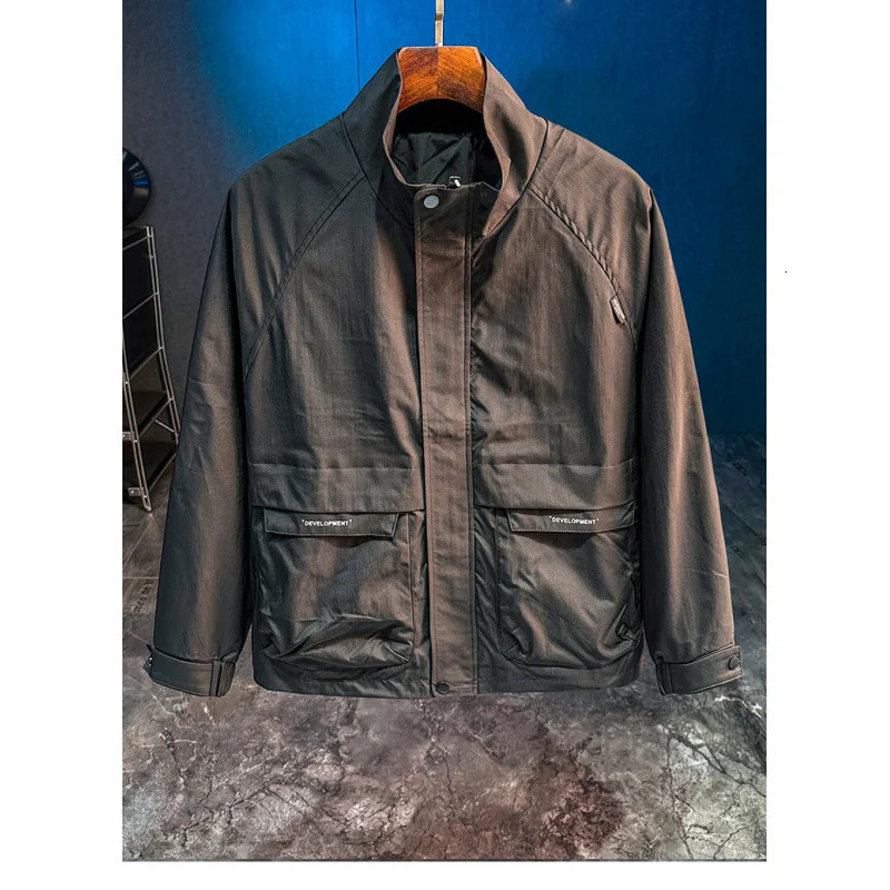 Autumn Mens Stand Collar Windproof Coat Trendy SlimFitting Workwear Jacket ThreeDimensional Patchwork Pocket Winter 250210