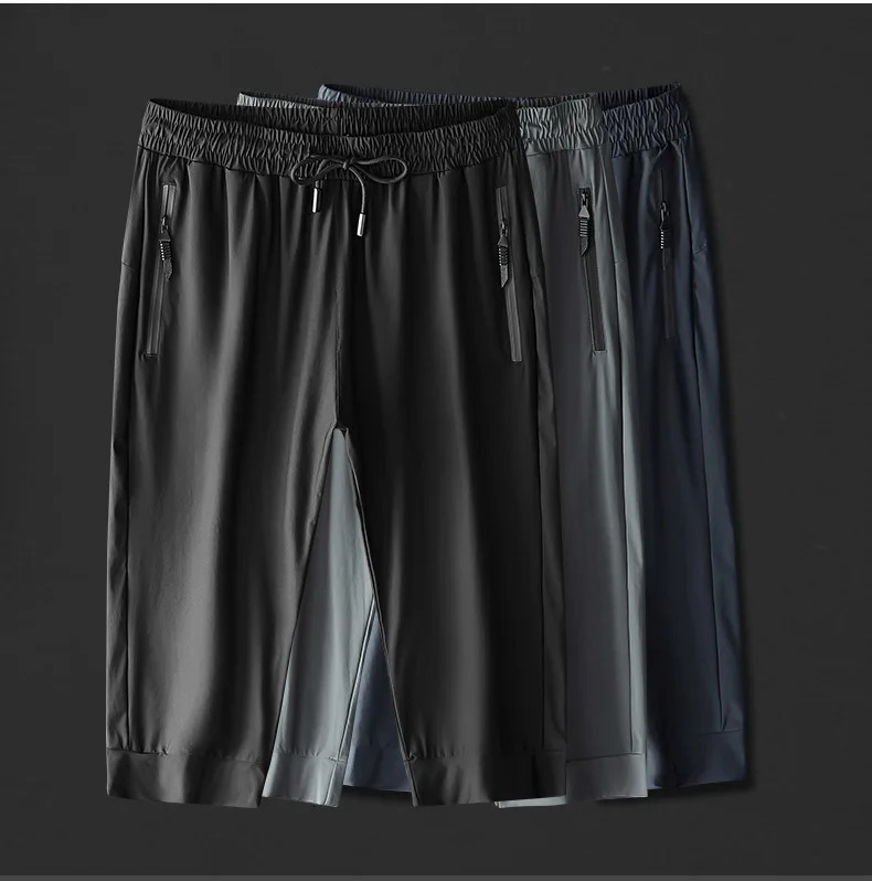 Men Running Cropped Pants Ice silk Summer Ice silk Quick Dry Training Fitness Zip Pocket Joggings Pant Male Gym 3/4 Sweatpants 250217