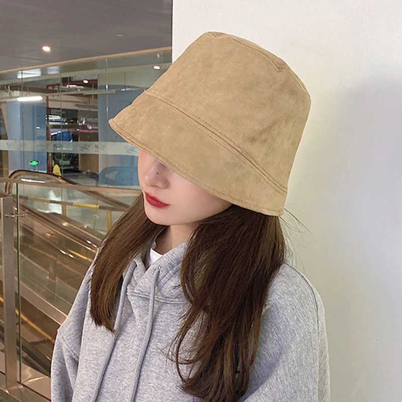 Autumn Suede Bucket Hat Women Fashion Flat Top Panama Cap Solid Color Irregular Brim Fisherman Hats Outdoor Travel Sunbonnet W250217
