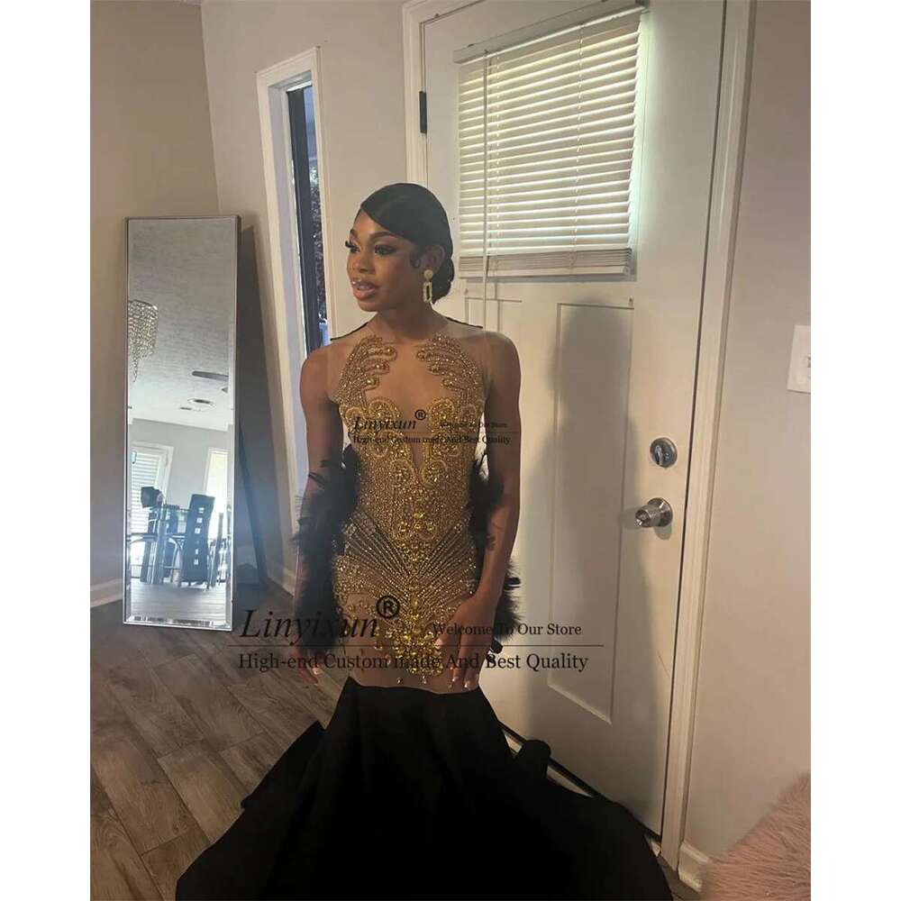 Long Dias Prom Dresses Customized Sparkly Beads Rhie Crystal Feather For Black Girls Birthday Party Gown