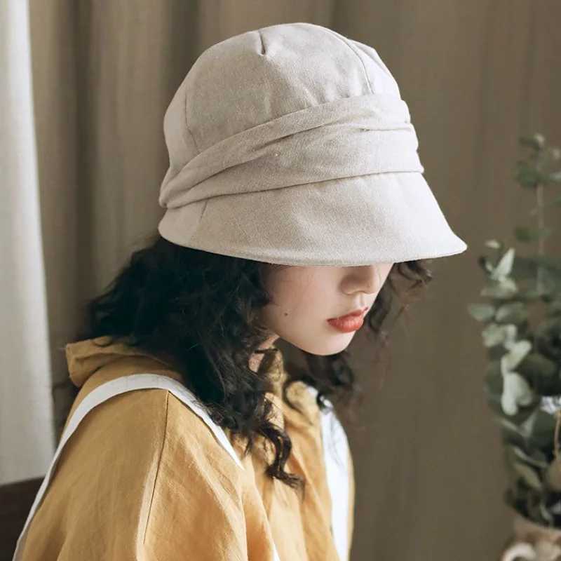 Japanese Cotton Linen Pleated Women Bucket Hat Small Brim Summer UV Resistant Breathable Retro Artist Basin Hat Ladies Berets W250217