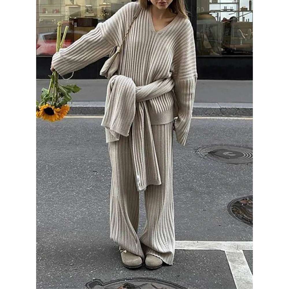 Elegant Knited Three-Piece Set Women's V-Neck Long Sleeves Sweater With High Waist Casual Pants 2025 New Clothing