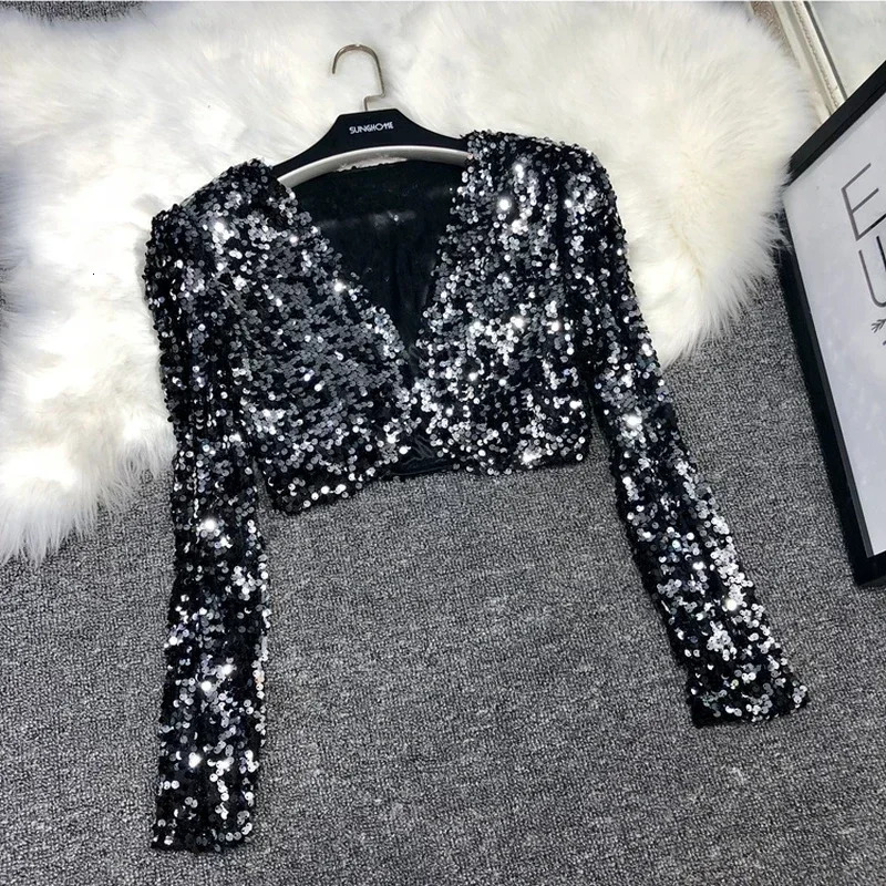 Street Fashion Joker Short Edition Sequins Small Suit Sparkling Bead Piece Suit Small Jacket Tank Top Jazz Dance Performance 250210