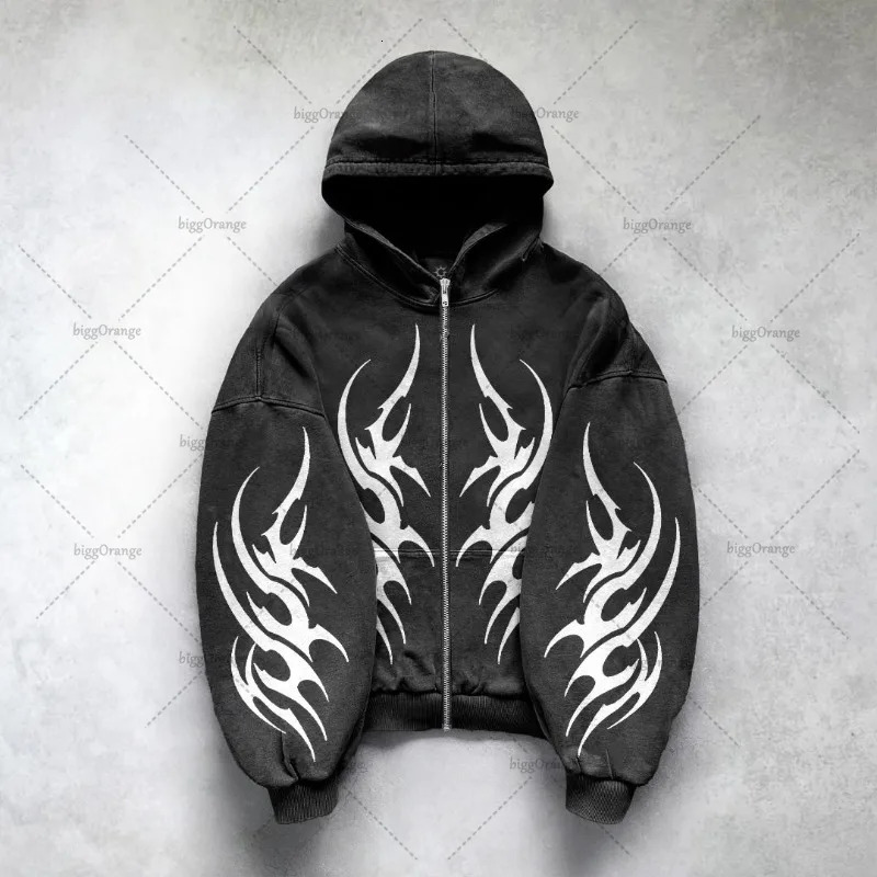 Gothic Punk Graphic Print Oversized Sweatshirt High Street Harajuku Y2K Streetwear Jacket Men Hip Hop Retro Casual Zipper Hoodie 250214