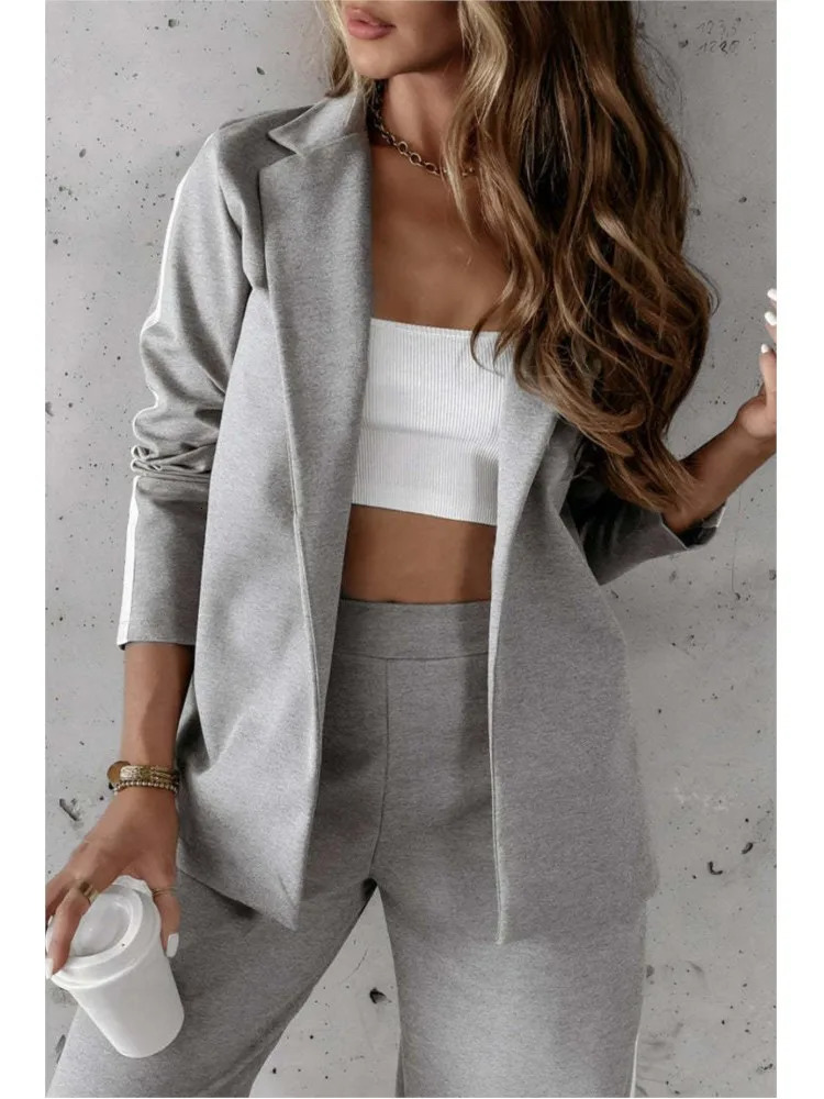 Autumn Winter Womens Casual Lapel Suit Fashion Splicing Stripes Wide Leg Pant 2025 Female Suit Elegant Office Two-piece Set 250210