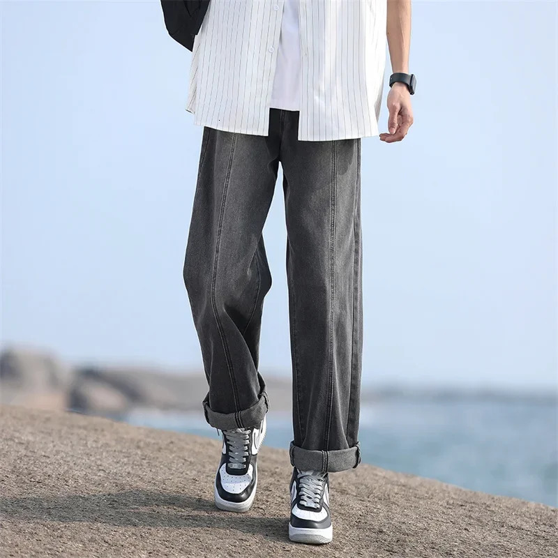 Korean Fashion Baggy Jeans For Men Classic Drawstring Straight Denim Pants Y2K Vintage Jean Streetwear Wideleg Trousers 250214