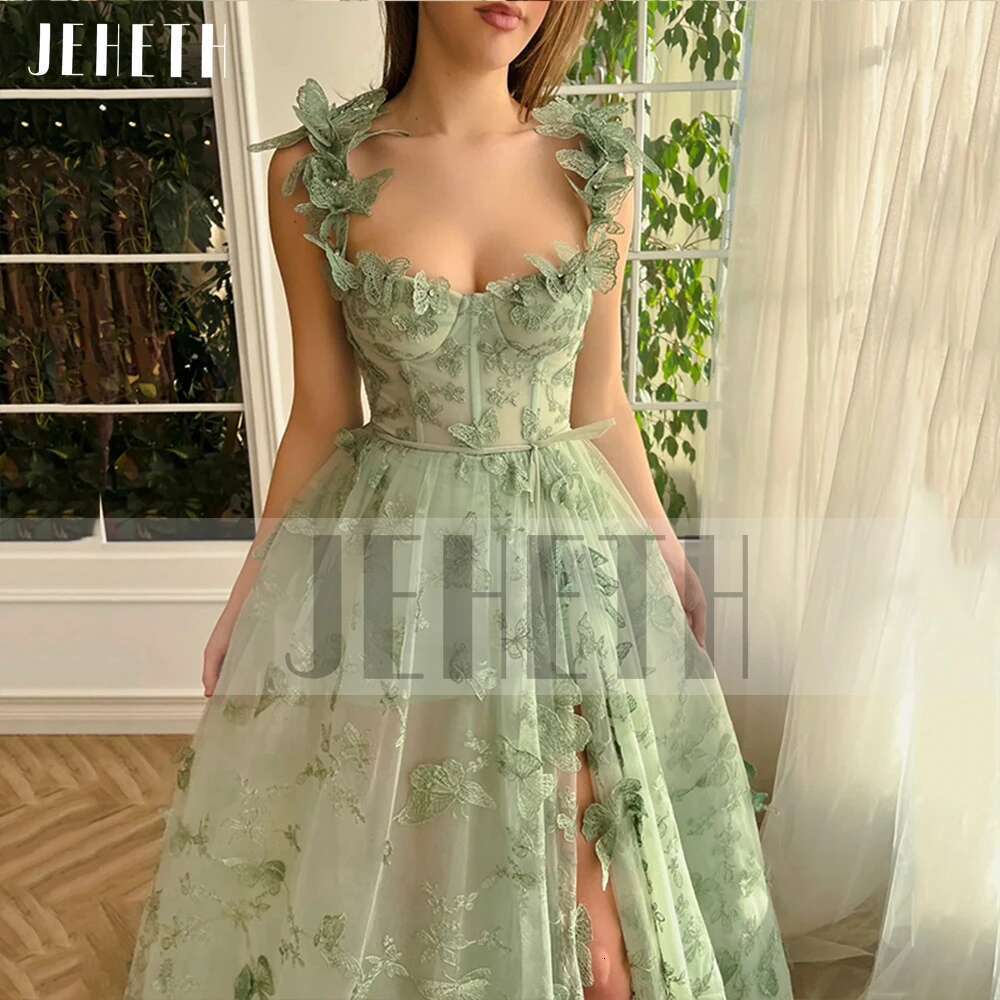Green JEHETH Butterfly Tulle Prom Dress Spaghetti Straps Side Split Sweetheart Backless A E Evening Graduation Party Gown vening