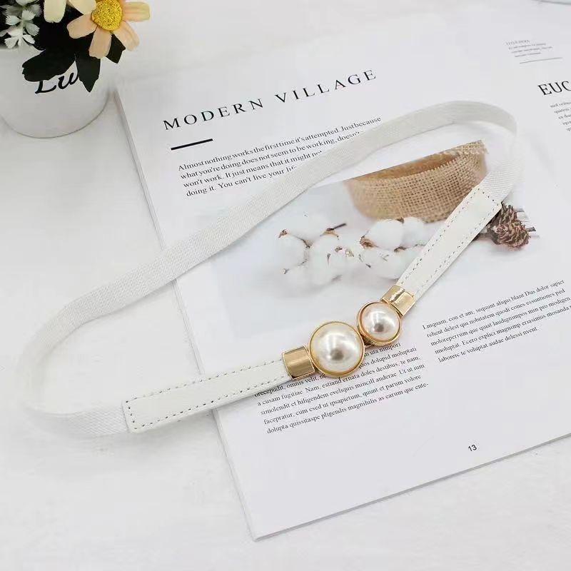Molain 2 Pcs Elastic Stretch Belt for Women, Retro Pearl Buckle Thin Belt Cute Waist Belt for Jeans Dress Pants