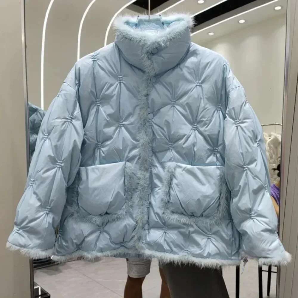 Fashion Women Winter Warm New Stand Collar Loose Embroidery Natural Mink Fur Jacket White Duck Down Coat