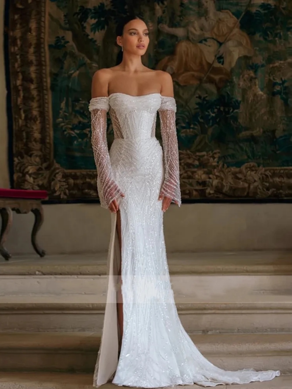 Elegant Mermaid Wedding Dress Appliques Sequins Off Shoulder Bride Gowns High Split Detachable Sweep Train Bridal Dresses Customized vestidos de novia