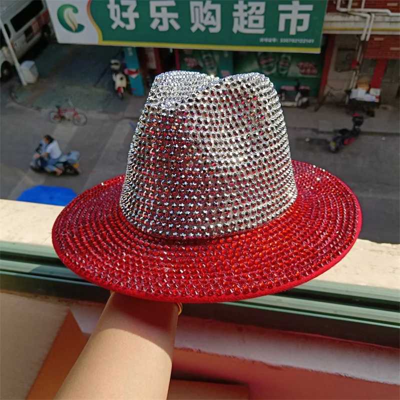Red Rhinestone Cowboy Hat New Fedora Hat Panama New Womens Splicing Jazz Hat Party Stage Performance Female Hat X250217