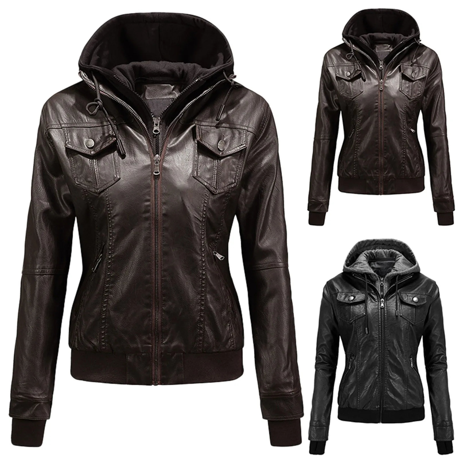 AutumnWinter Motorcycle Slim Leather Cropped Jacket Women Hoodie Detachable Lined Jackets Insulated Two Pieces Coat 250211