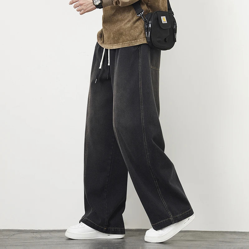 Plus Size M8XL Baggy Jeans Mens Blue Black Streetwear Elastic Waist Y2K Trousers Fashion Straight Leisure Wide Denim Pants 250214