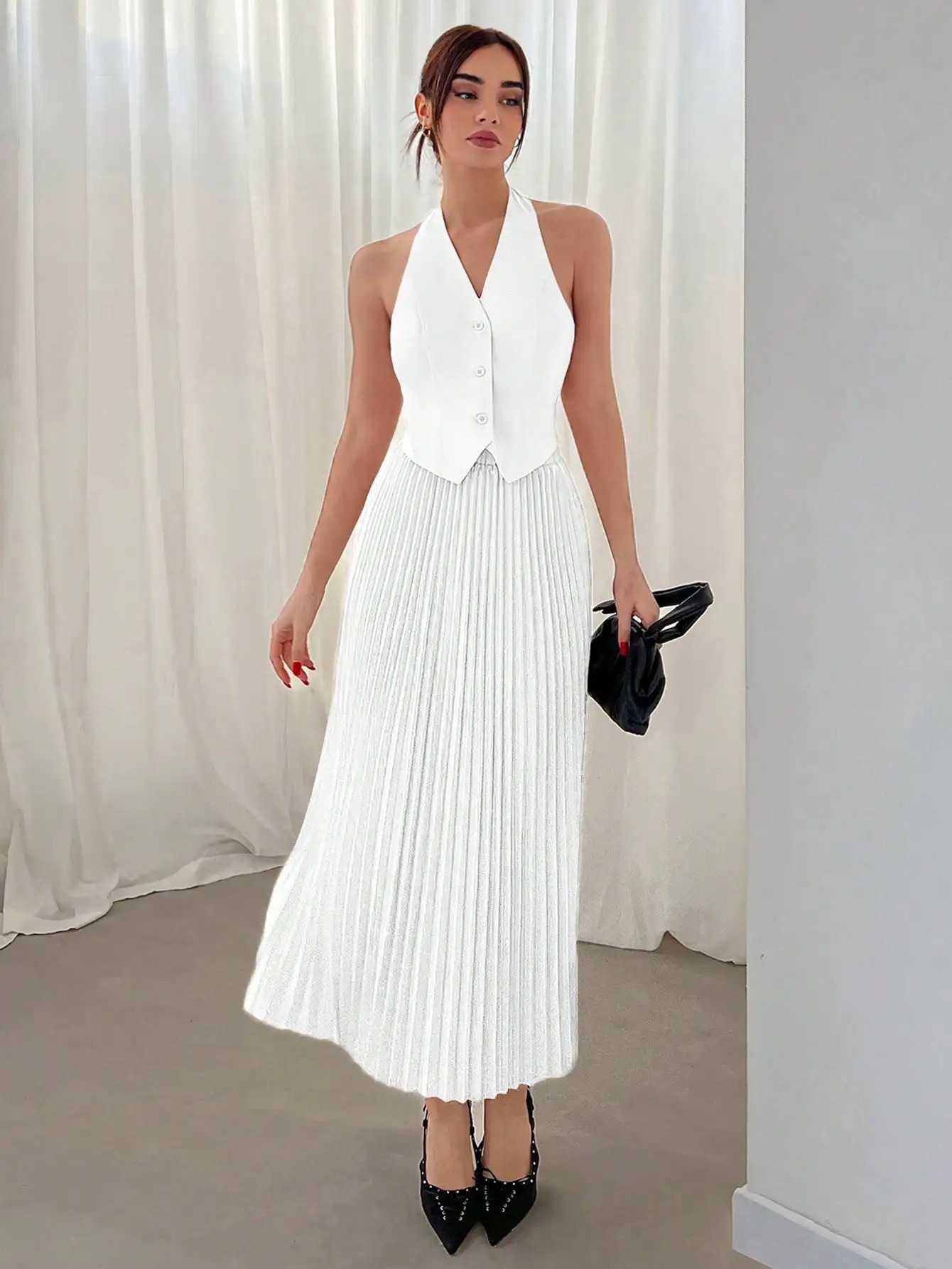 Summer suit vest single breasted skirt lapel top fashion pleated 250214