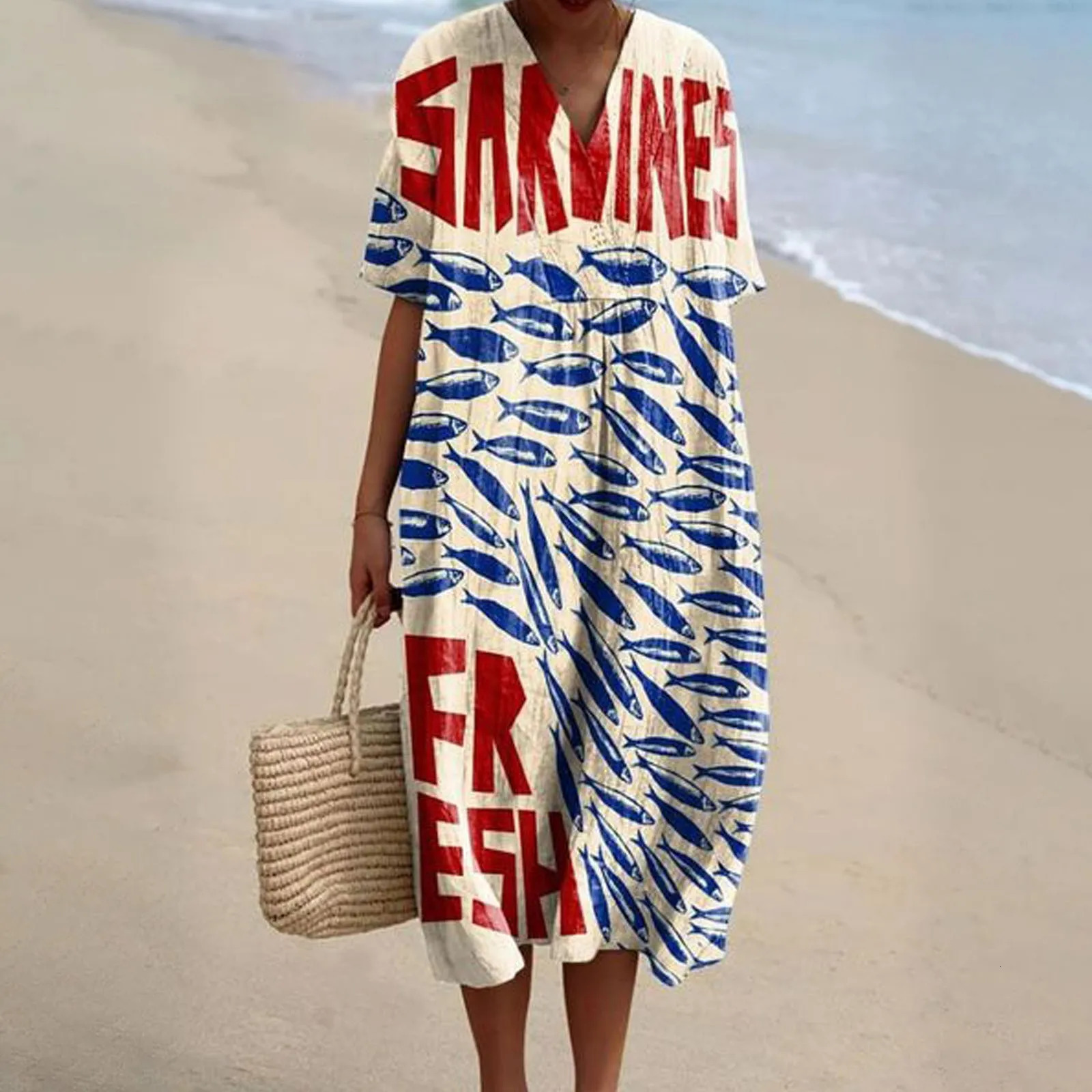 Womens Vintage Ocean Fish Art Print V-Neck Half Sleeve Flowy Dress Bohemian Style Casual Loose Lady Long Beach Party Dress 250213