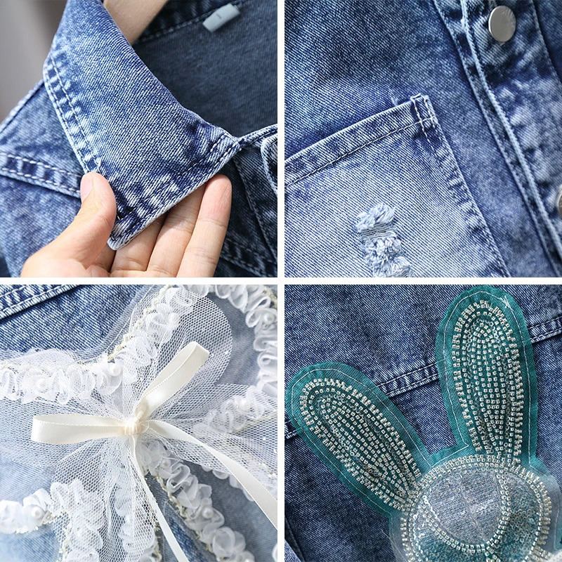 2-12-year-old girls denim jacket fashion baby Jean Coats s childrens jacket with cute rabbit lace bow for girls 250214