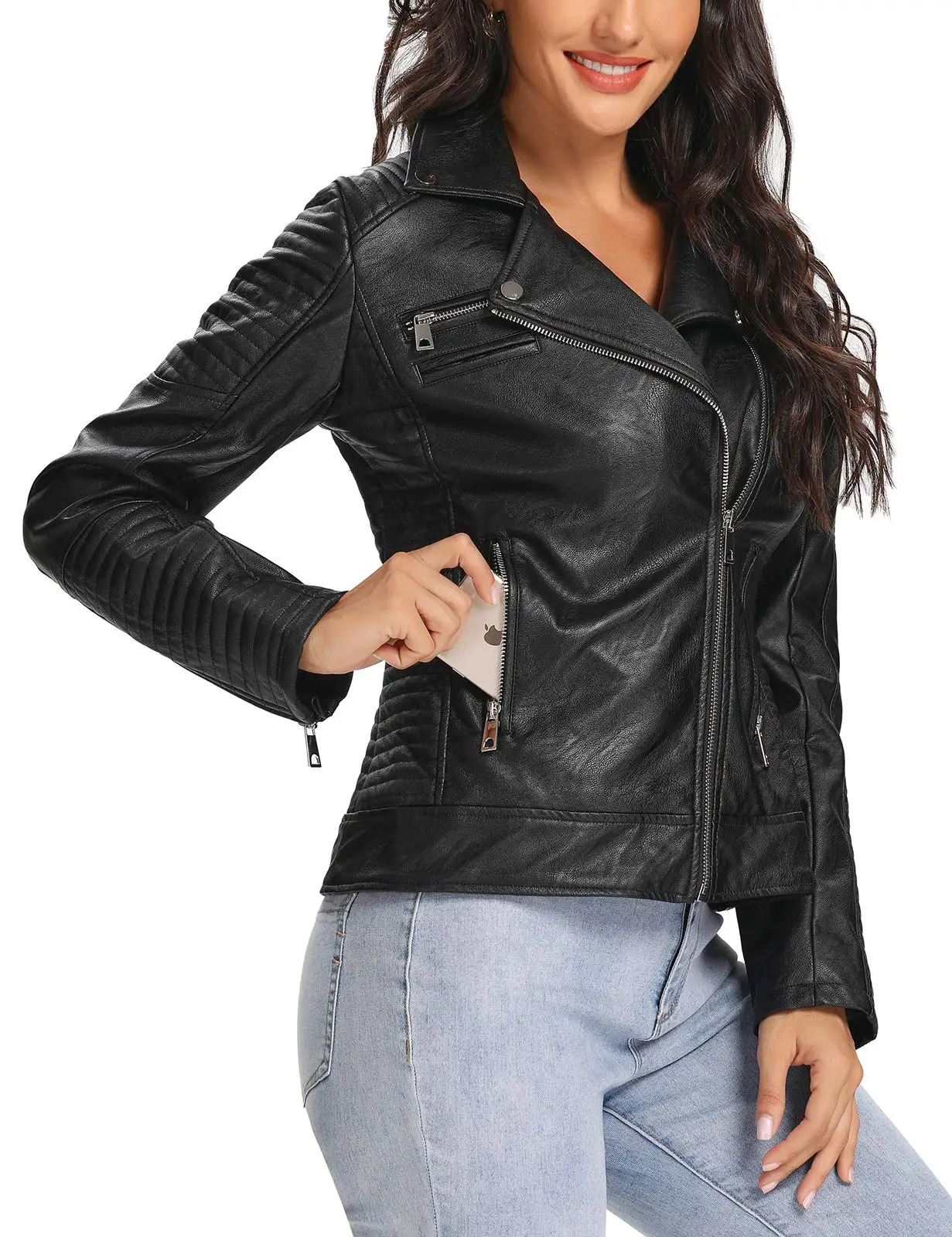 UR Womens Faux Leather Jacket Black Motorcycle Moto Biker Short Coat 250211