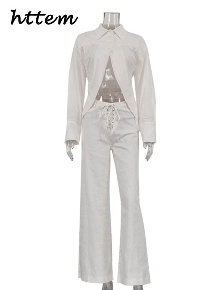 Street Crop Shirts Pants Sets Women Lapel Single-breasted Blouses Low Waist Bandage Trousers 2025 Spring Lady Chic Casual Suits 250210