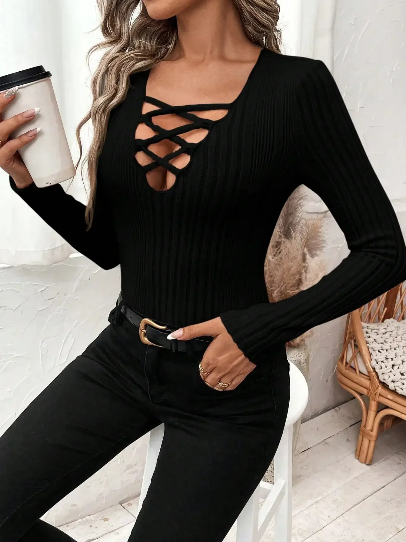 Elegant Casual Womens Tshirt Small Vneck long sleeve crossband rib knit womens 250211