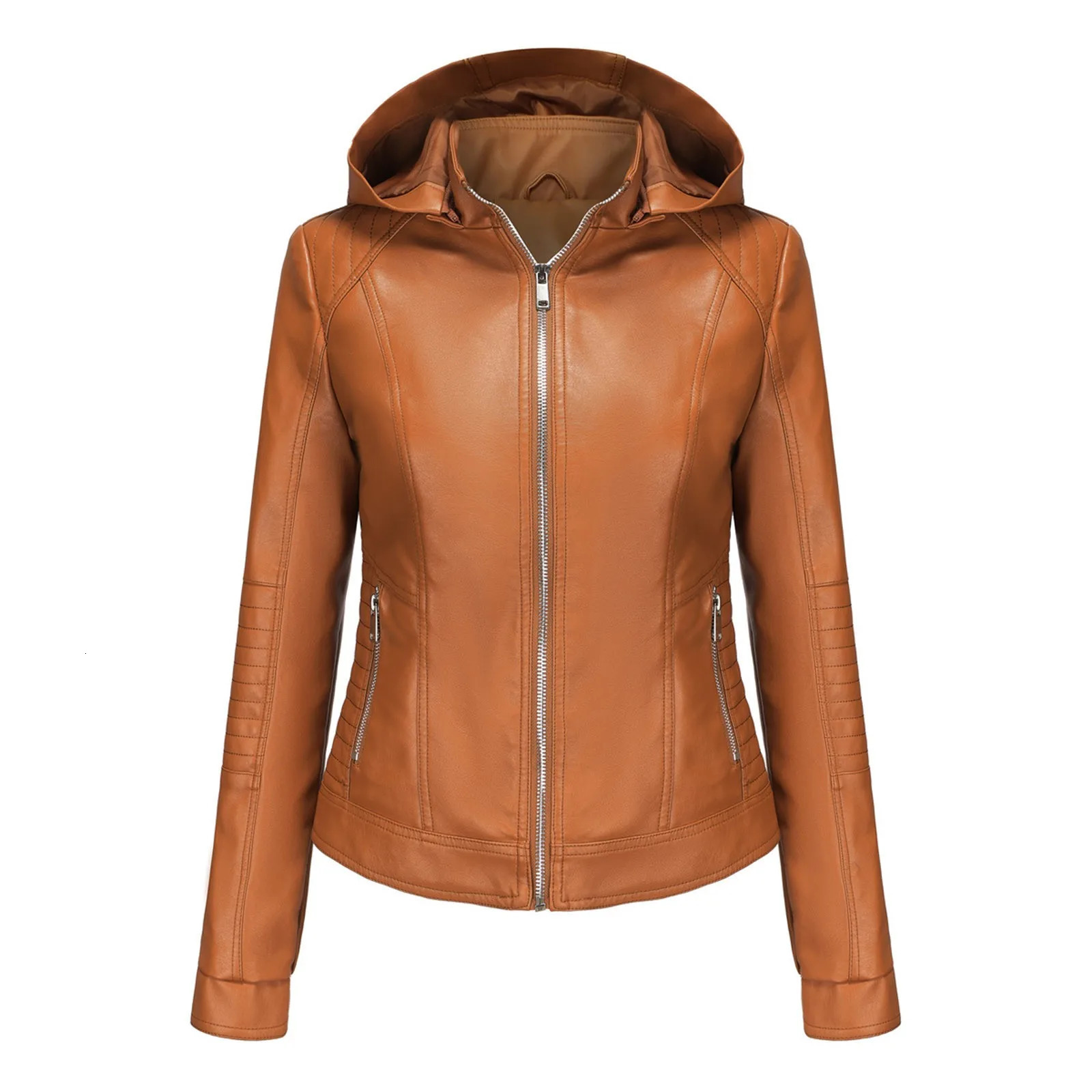 Womens Spring And Autumn Hooded Leather Coat Detachable Hat Windproof Short Casual Jacket Ladies Western Jackets 250211