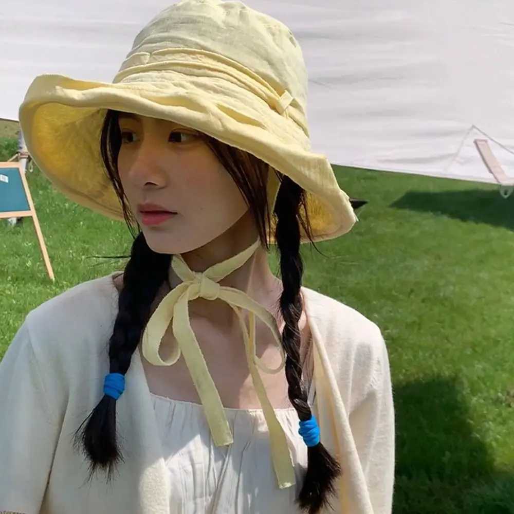 Korean Style Summer Fashion Wide Brim Women Bucket Hat Outdoor Sunshade Hats Solid Color Sun Protection Fisherman Cap Versatile W250217