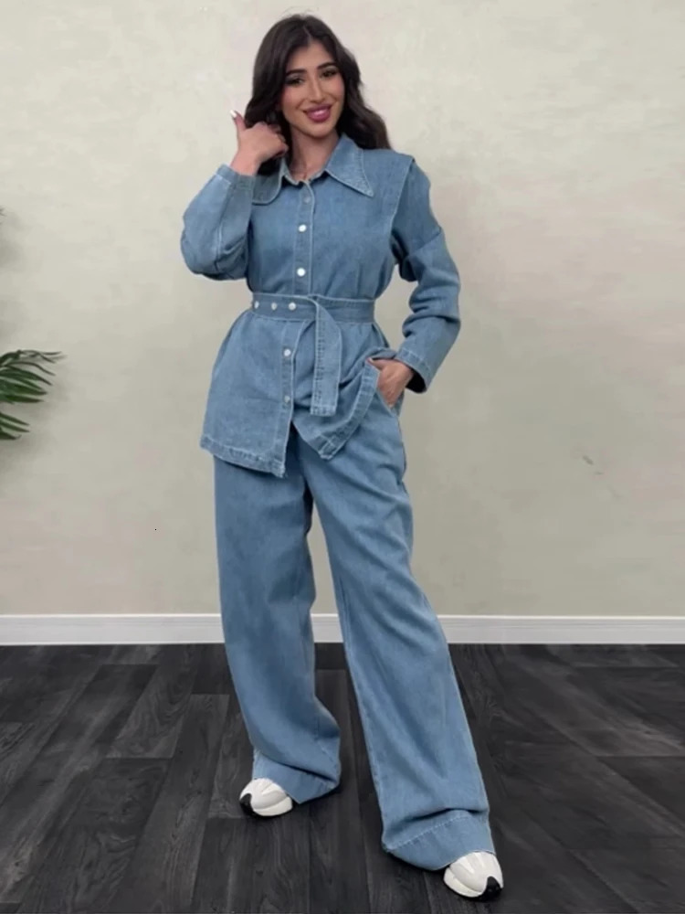 High Street Denim Suit Women 2025 Spring Summer Lapel Full Sleeves Single Breasted With Belt Jacket Wide Leg Trousers Female Set 250210