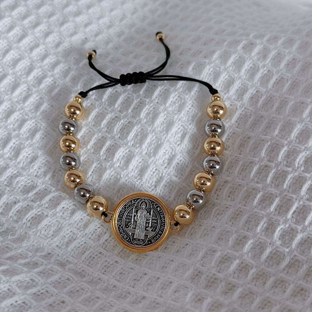 New Saint Benedict copper bead with adjustable drawstring, beaded woven bracelet