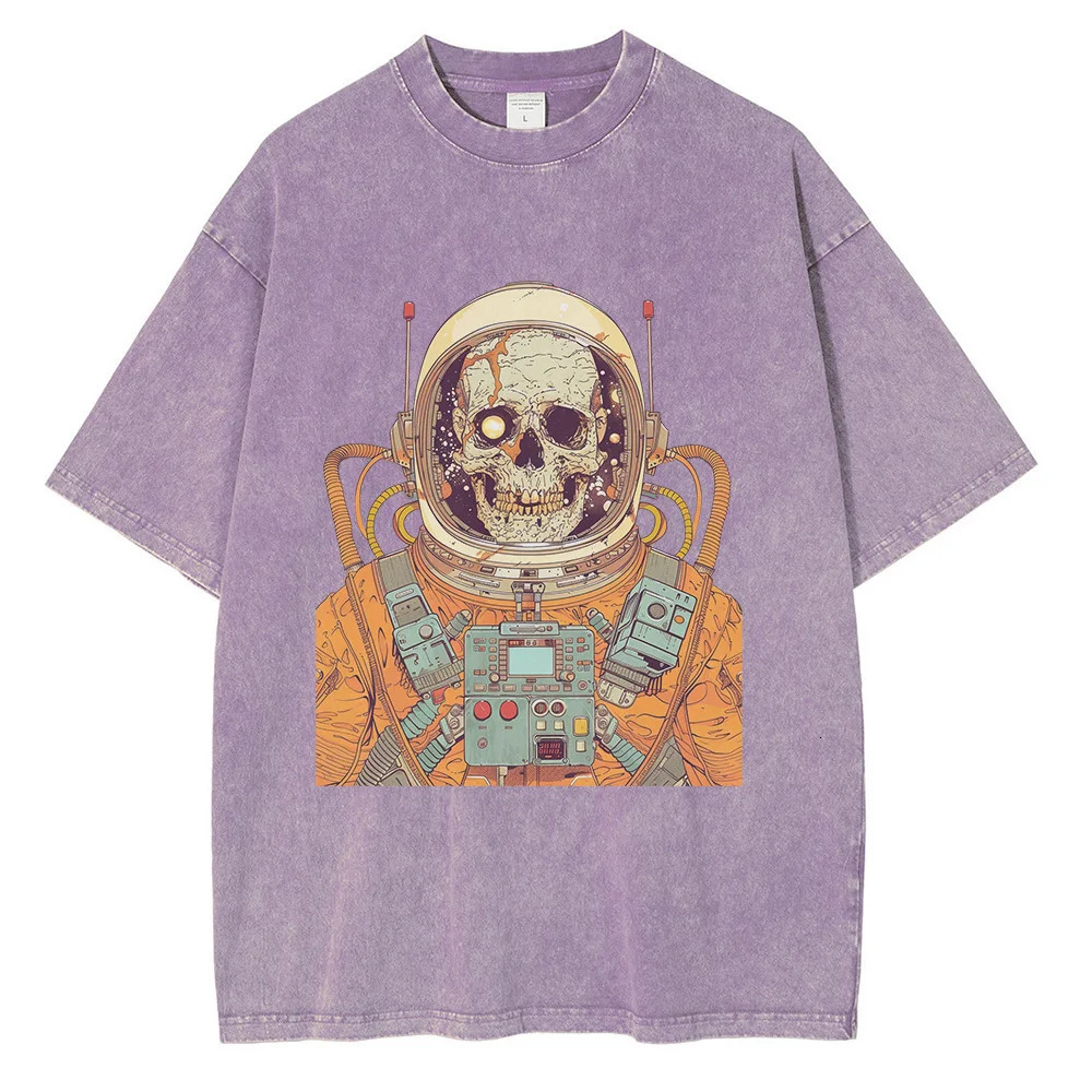 70s Astronaut Skull Graphic T-shirts Retro Sci-fi Painting Print Oversized T-shirt Distressed Cotton Mens Tops 250214